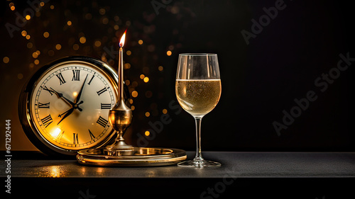 Luxurious Cheers - Champagne, Elegant Clock, and Golden Table Decor.