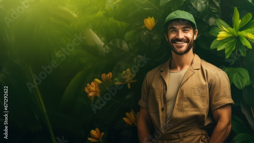 Smiling gardener standing on a green leaves background created with Generative AI