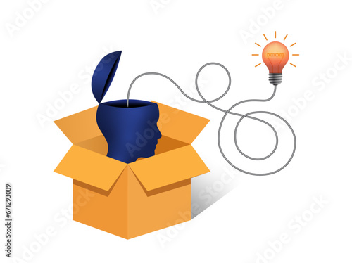 3d cardboard box, head, light bulb, haywire cable, business outsourcing vector. Business concept design to use in idea, brainstorm, learning, strategy, thinking, inspiration, teamwork projects.
