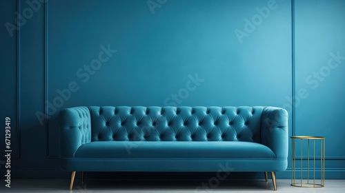 blue sofa on blue background. concept of elegance, blue monday banner photo