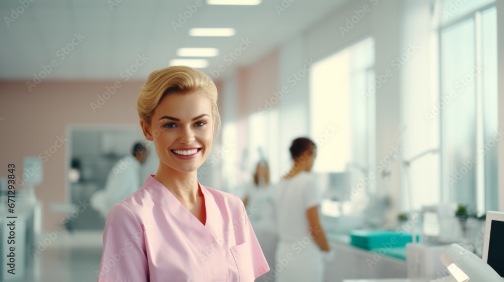 Fototapeta premium A young cheerful dentist, light pink outfit. Sympathetic look.