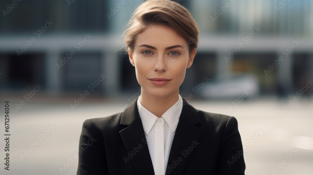 A confident young beautiful businesswoman in black coat or suit is standing near the office building. A confident young beautiful businesswoman in black coat or suit is standing near the office building.