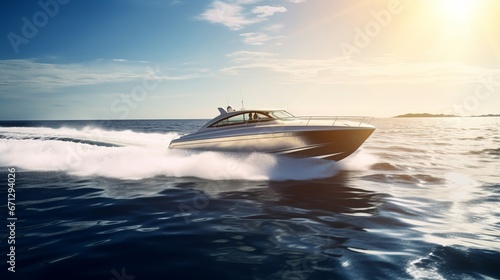 big speedboat fast moving on dark water. Boat movement on the water. Motor boat in motion. photo