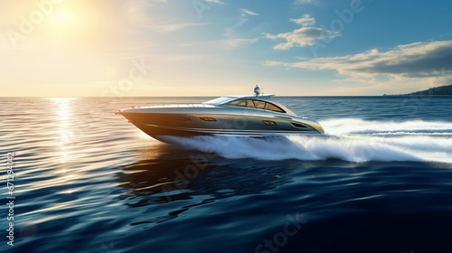 big speedboat fast moving on dark water. Boat movement on the water. Motor boat in motion.