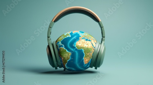 World song. Global music chart. Earth about earth climate and environment. The music of earth. Stereo headphones and a globe on a blue-pink pastel background. Top view