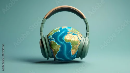 Obraz World song. Global music chart. Earth about earth climate and environment. The music of earth. Stereo headphones and a globe on a blue-pink pastel background. Top view