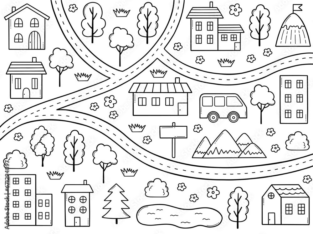 Kids town map doodle. City map with mountains, cars, forest, roads ...