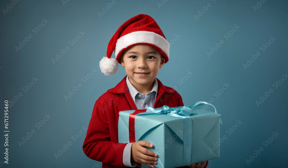 Сute little boy with a smile in red Santa hat holding big gift box isolated on blue background. New Year and Christmas sale concept. Poster, advert, social media post, banner template with copy space Сute little boy with a smile in red Santa hat holding big gift box isolated on blue background. New Year and Christmas sale concept. Poster, advert, social media post, banner template with copy space