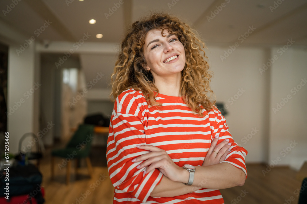 Portrait of one caucasian woman stand happy confident at cafe indoor Portrait of one caucasian woman stand happy confident at cafe indoor