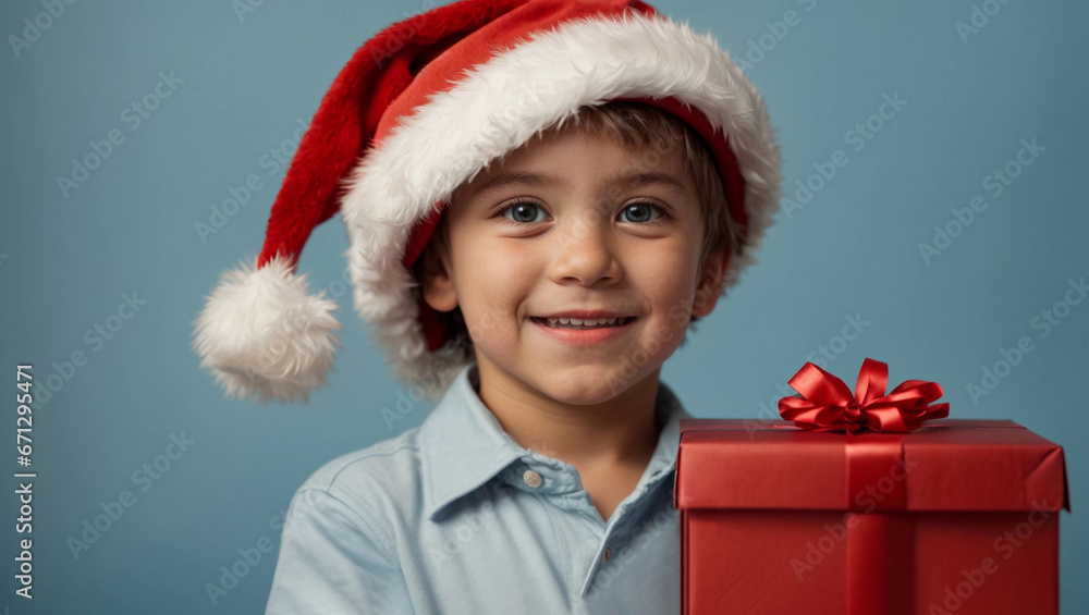 Сute little boy with a smile in red Santa hat holding big gift box isolated on blue background. New Year and Christmas sale concept. Poster, advert, social media post, banner template with copy space Сute little boy with a smile in red Santa hat holding big gift box isolated on blue background. New Year and Christmas sale concept. Poster, advert, social media post, banner template with copy space