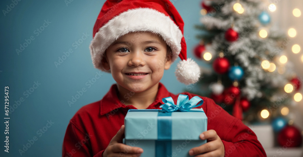 Сute little boy with a smile in red Santa hat holding gift box, Christmas tree on background. Holiday sale concept. Poster, advert, social media post, banner template with copy space Сute little boy with a smile in red Santa hat holding gift box, Christmas tree on background. Holiday sale concept. Poster, advert, social media post, banner template with copy space