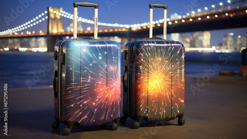 Suitcases with fireworks on the background of the night city. generativa IA