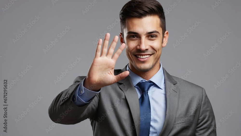 Cheerful Businessman Giving High Five on Grey Background Cheerful Businessman Giving High Five on Grey Background