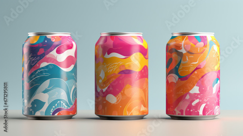 A group of three cans of soda on a table