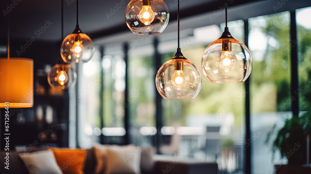 Fototapeta premium Close up of beautiful hanging lights in minimal interior living room. Banner wallpaper for lighting fixtures, lamps, chandeliers store.