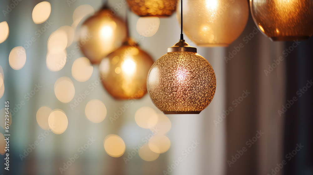 Close up of beautiful hanging lights in minimal interior living room. Banner wallpaper for lighting fixtures, lamps, chandeliers store. Close up of beautiful hanging lights in minimal interior living room. Banner wallpaper for lighting fixtures, lamps, chandeliers store.