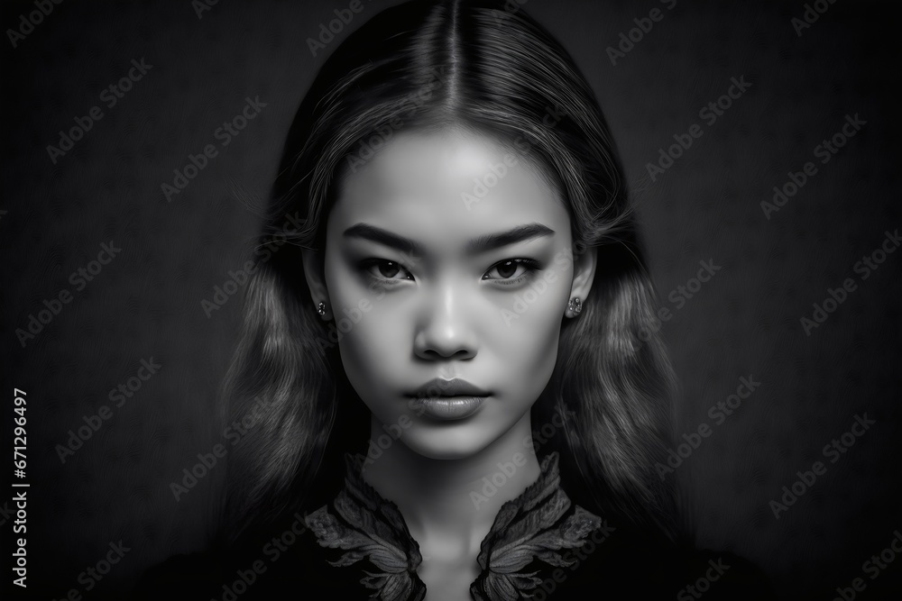 Black and white portrait of beautiful woman with professional makeup and hairstyle. Generative AI.