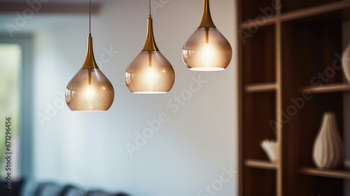 Close up of beautiful hanging lights in minimal interior living room. Banner wallpaper for lighting fixtures, lamps, chandeliers store.