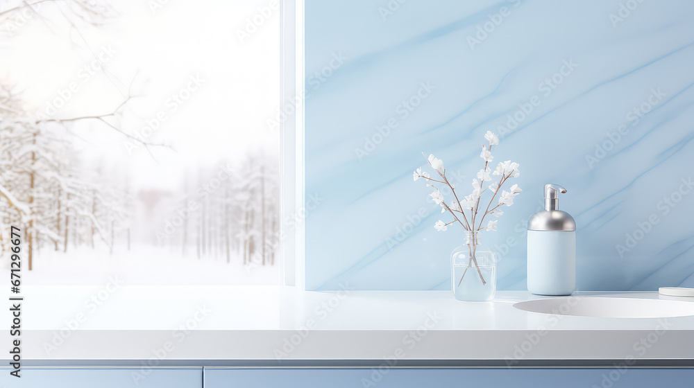 Empty product display table with Scandinavian style interior bathroom in background, copy space, showcase counter top for skin care cosmetics. 