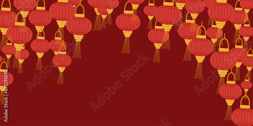 Background of Chinese lanterns. On top on a red background. Chinese New Year. Design website, banner, poster. Color vector illustration.