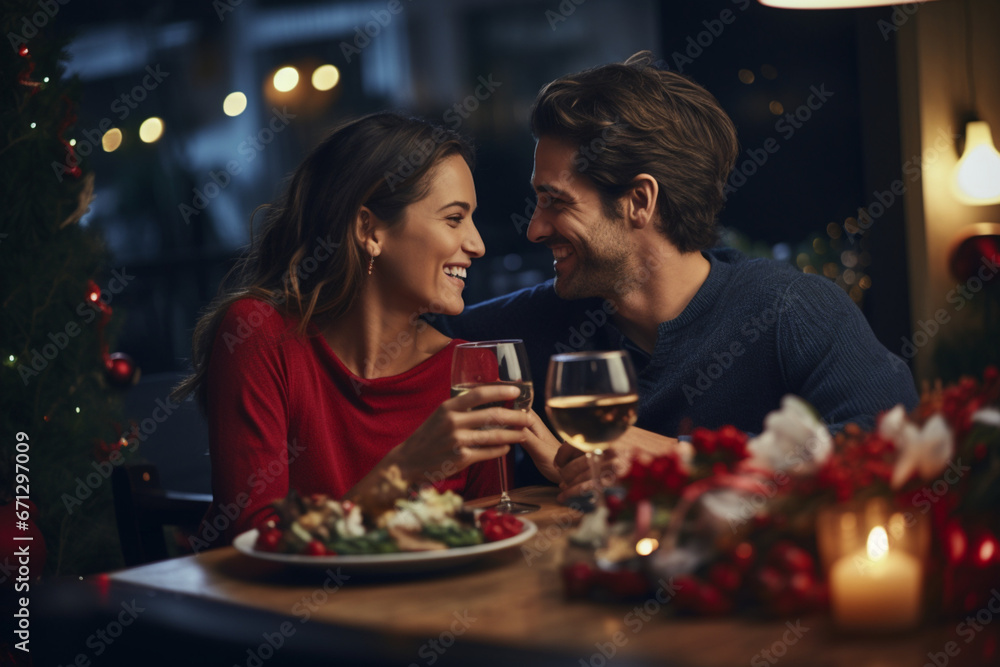 couple celebrating with champagne christmas