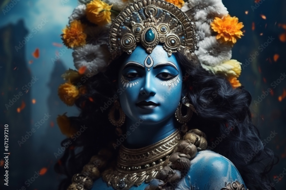 Krishna in Asian style. Religious concept with selective focus and copy space Krishna in Asian style. Religious concept with selective focus and copy space