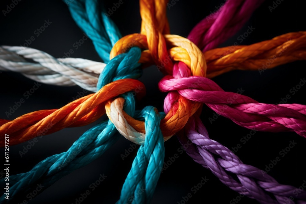Different ropes are woven into a knot. Teamwork concept. Background with selective focus and copy space - obrazy, fototapety, plakaty 