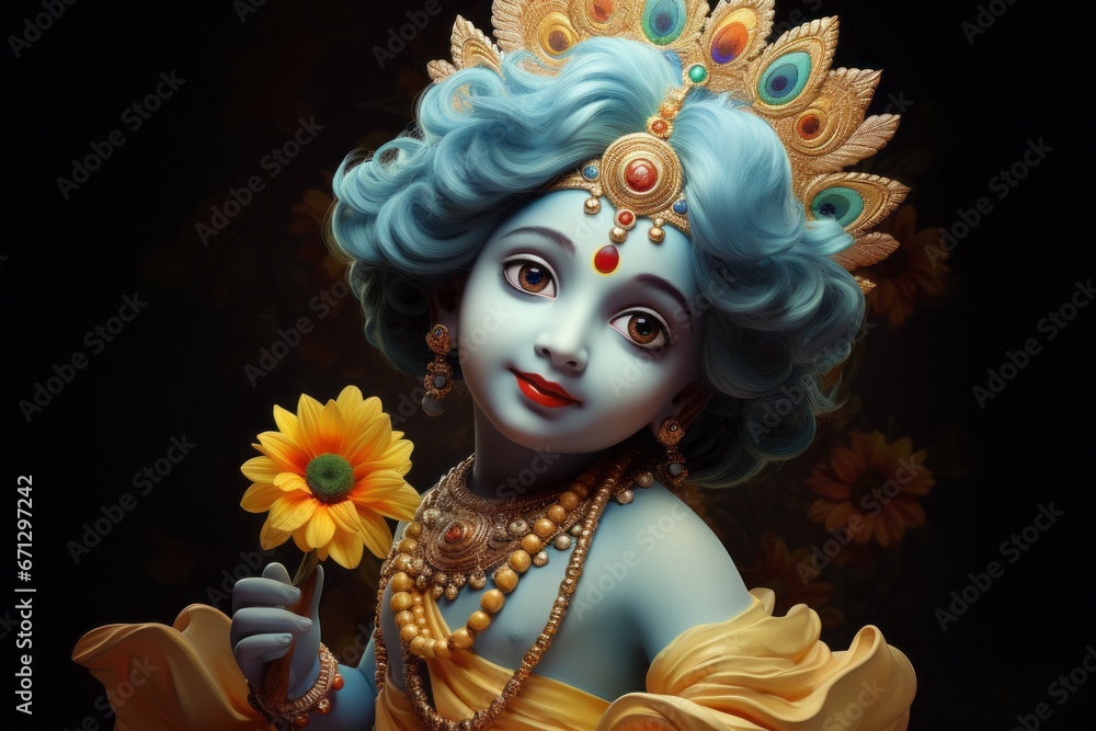 Krishna in the form of a child. Religious concept with selective focus and copy space