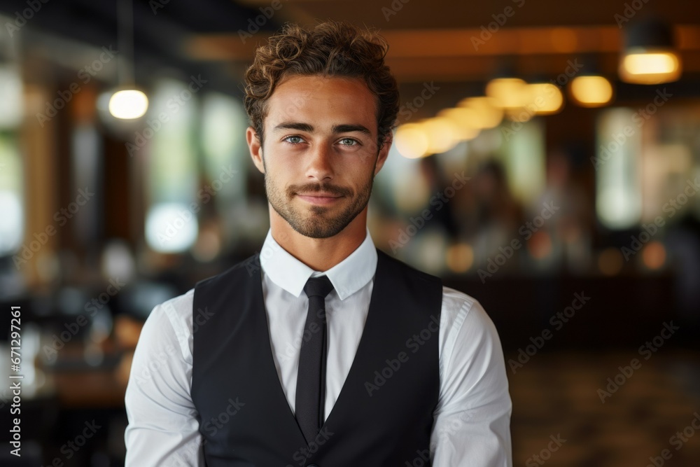 Male hotel manager. Concept of top in demand profession. Portrait with selective focus and copy space Male hotel manager. Concept of top in demand profession. Portrait with selective focus and copy space