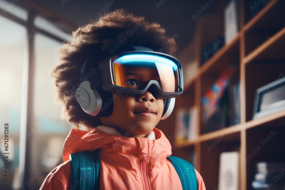Portrait of a child wearing virtual or augmented reality glasses. Kid in VR mask, modern technology concept Portrait of a child wearing virtual or augmented reality glasses. Kid in VR mask, modern technology concept