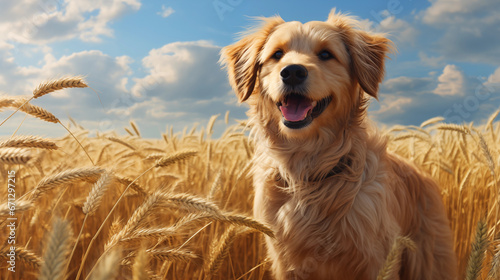 Golden Retriever Smiling in Sunlit Wheat Field with Cloudy Sky