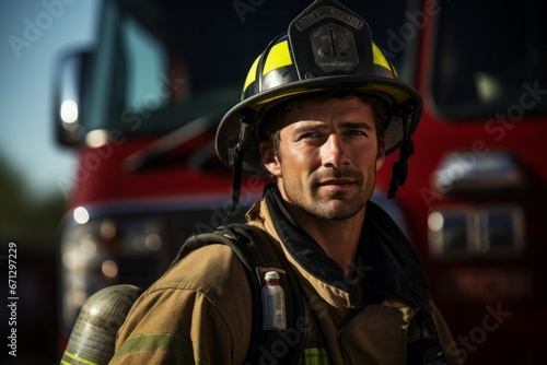 Male firefighter or rescuer. Portrait with selective focus and copy space