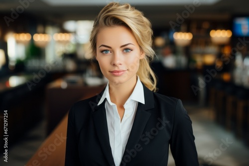 Woman hotel manager. Concept of top in demand profession. Portrait with selective focus and copy space