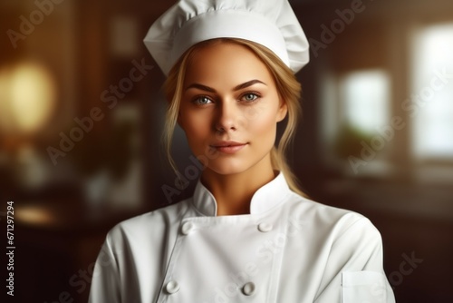 Woman cook or chef in a restaurant kitchen. Portrait with selective focus and copy space