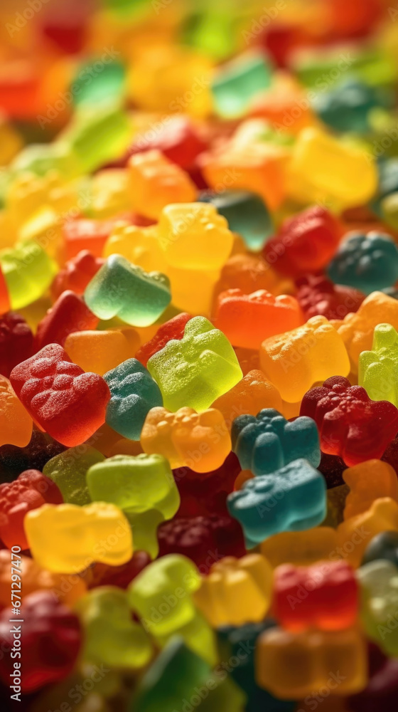 Multicolored marmalade jelly candies in shape of animals. Showcase of candy store. Sweets counter. Concept for holiday for kids, gift for children. Red, green. Vertical illustration. Generative AI Multicolored marmalade jelly candies in shape of animals. Showcase of candy store. Sweets counter. Concept for holiday for kids, gift for children. Red, green. Vertical illustration. Generative AI