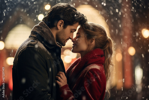 couple kissing and romantic attractive in christmas