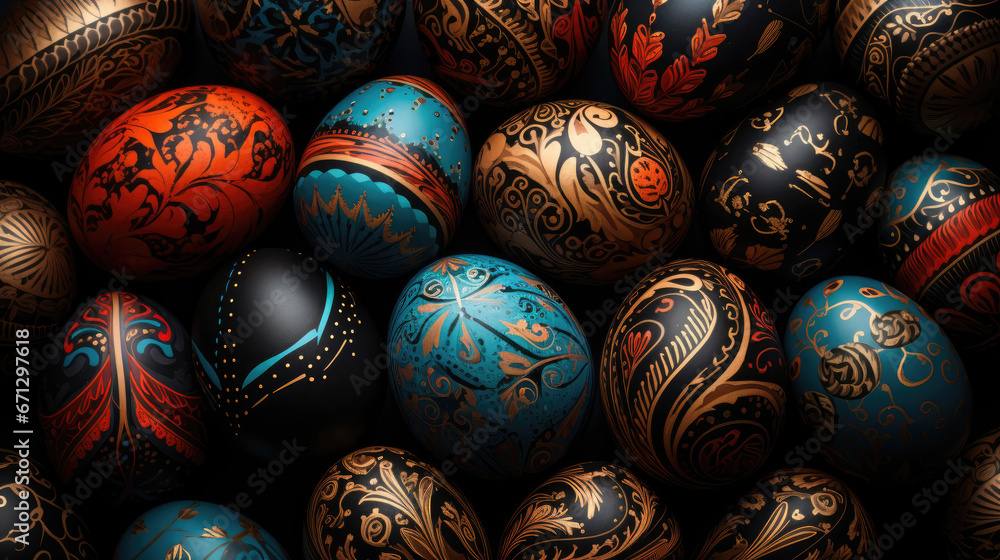 Set of Easter eggs with multicolored ethnic pattern. Red, gold, blue pattern on eggshell. Religious holiday concept. Gift for Happy Easter. Greeting card with copyspace for text. Colorful wallpaper Set of Easter eggs with multicolored ethnic pattern. Red, gold, blue pattern on eggshell. Religious holiday concept. Gift for Happy Easter. Greeting card with copyspace for text. Colorful wallpaper