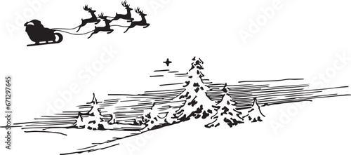 illustration of Santa Claus flying on his sleigh with forest background with Christmas trees