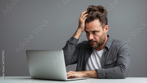 Confused and Disappointed Man Reading Email on Laptop, Gray Background