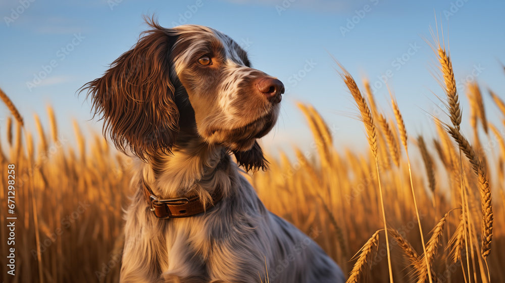 Cute Brown and White Dog in a Sunlit Grain Field, summer