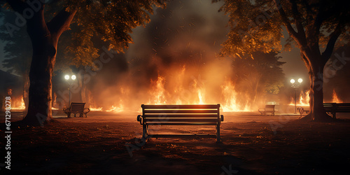 The Enchanting Park Bench Embraced by the Mesmerizing Dance of Nighttime Flames in the Serenading Park, Night alley in autumn city park with benches and nighttime fire