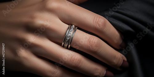 Graceful woman's hand showcasing an elegant ring, beautiful hand adorned with a stylish and elegant ring 