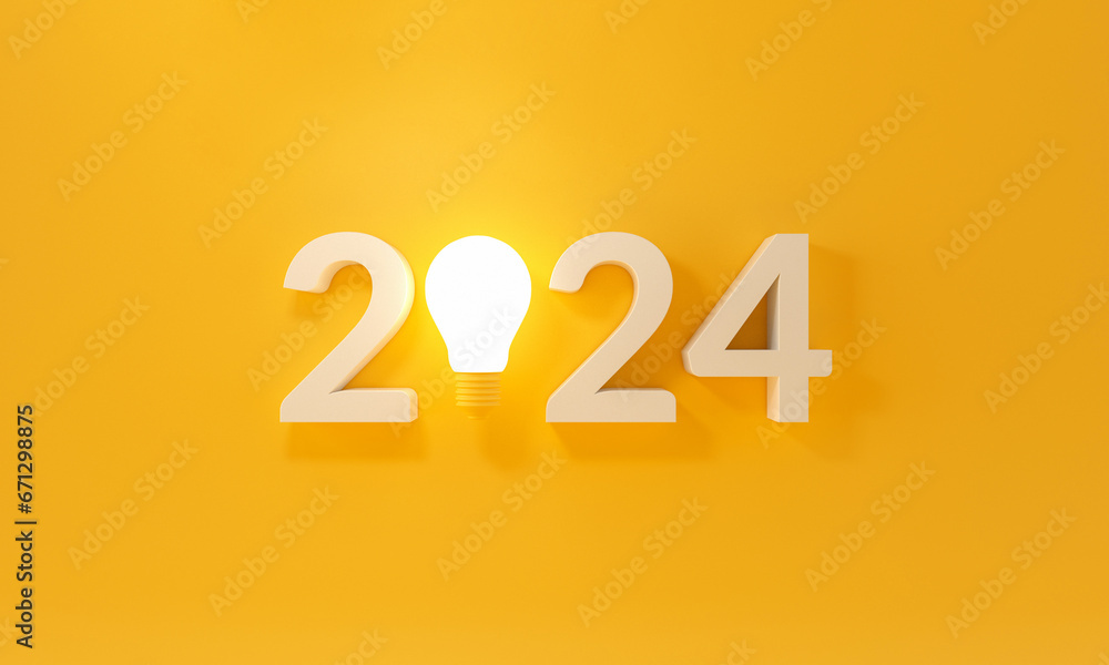 Bulb light with new year 2024 on yellow background. Bulb light with new year 2024 on yellow background.