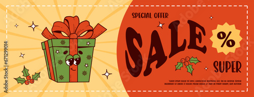 Christmas promotion discount sale. Coupon banner with retro cartoon character gift. Nostalgic 60 -70s vibes groovy festive character. Horizontal vector illustration poster. festive decoration.