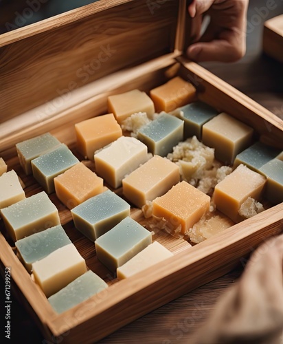 homemade soap from wooden box full of natural solid soaps