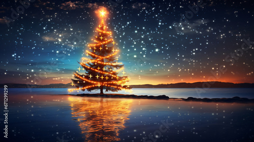 Beautifully decorated Christmas tree, illuminated from fairy lights and the starry night sky.