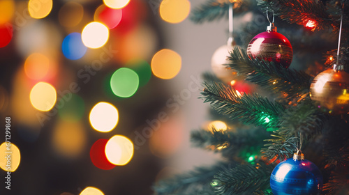 Close up of colorful ball ornaments on Christmas tree with bokeh background. New Year concept
