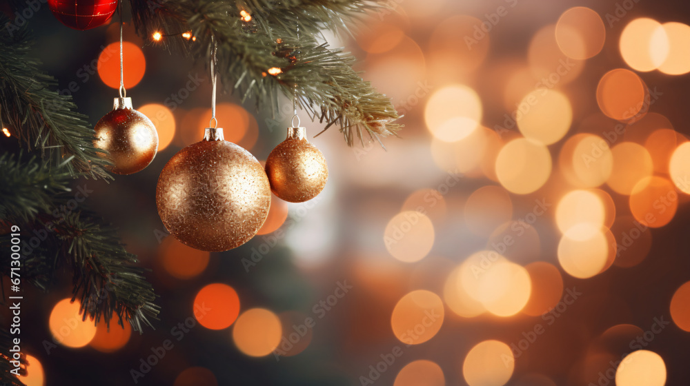 Close up of golden ball ornaments on Christmas tree with bokeh background. New Year concept