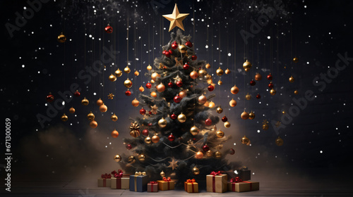 Decorated Fantasy Christmas tree with misty dark background. New Year holidays concept