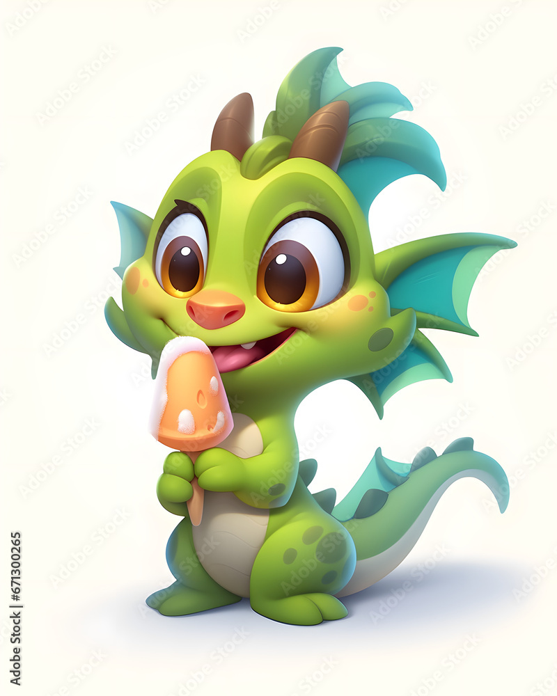 Fototapeta premium Сute green little dragon eats ice cream.
